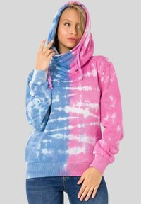Hoodie in Pink und Blau mit Batikmuster, Kapuze, langen Ärmeln und geripptem Saum. Mit Kordelzügen und einem weichen, strukturierten Stoff.