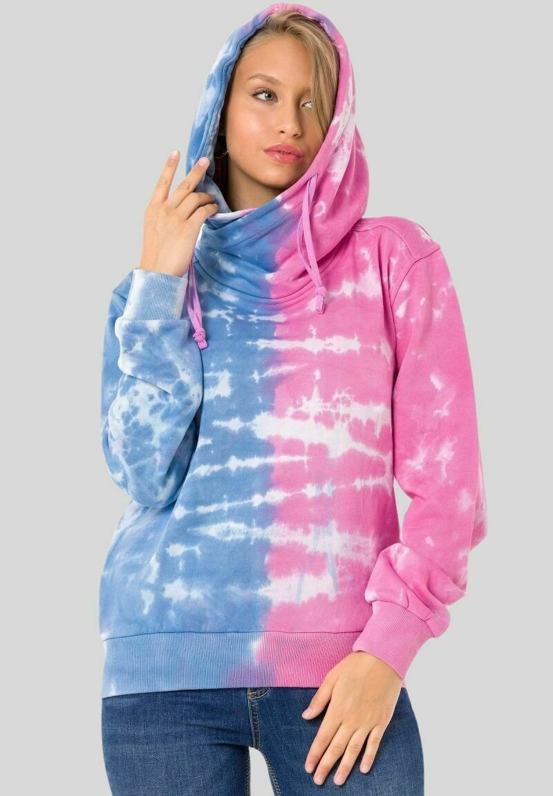 Hoodie in Pink und Blau mit Batikmuster, Kapuze, langen Ärmeln und geripptem Saum. Mit Kordelzügen und einem weichen, strukturierten Stoff.