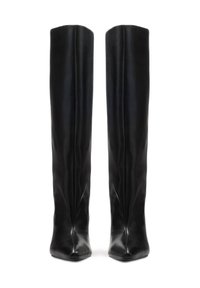 Crne čizme do koljena od sjajne kože, s elegantnim dizajnom, kvadratnim vrhom i minimalnim šavovima za usklađen izgled.
