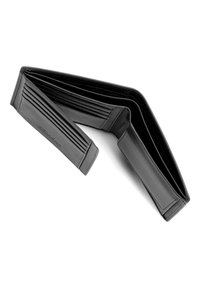 Black leather wallet with multiple card slots, a textured surface, and a bi-fold design, featuring visible stitching and a smooth interior.