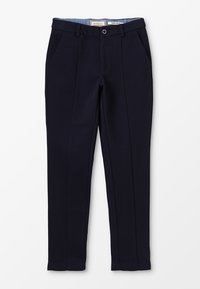 Pantalons taillés bleu marine en tissu lisse, dotés d'une fermeture éclair, d'un bouton et de poches latérales. Design à jambe droite, sans motifs.