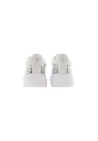 White sneakers featuring a shimmering mesh upper, rounded toe, and a thick white rubber sole. Subtle logo detail on the heel.