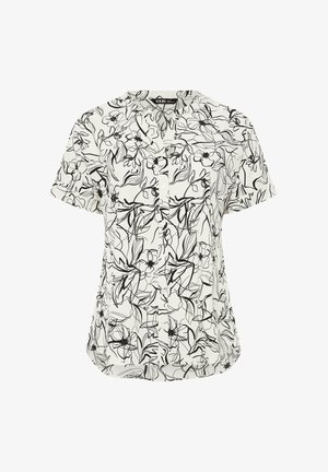 Blusa blanca de mangas cortas con botones, con un patrón de arte lineal floral abstracto en negro y un cuello en V.