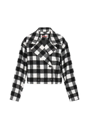 Cropped double-breasted jacket in black and white checkered pattern. Features a lapel collar and two black buttons on the front. Soft fabric texture.