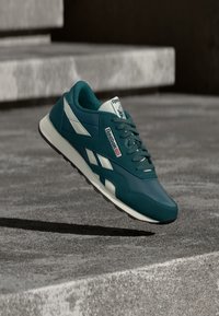 Tirkizne i bijele Reebok tenisice suspendirane iznad betonske površine s kamenim stepenicama u pozadini.