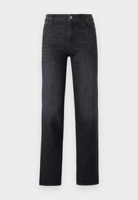 Jeans din denim negru cu un design drept, având închidere frontală cu nasture și cinci buzunare. Țesătura are o textură netedă.