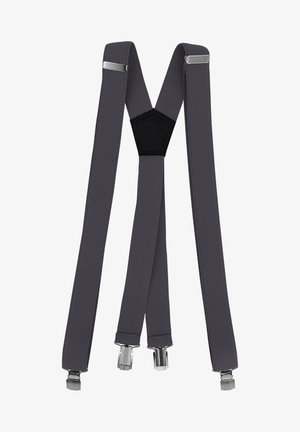 Graue elastische Hosenträger mit strukturierten Riemen und Metallclips, featuring ein schwarzes Mittelteil zur Verstärkung, im V-Format gestaltet.