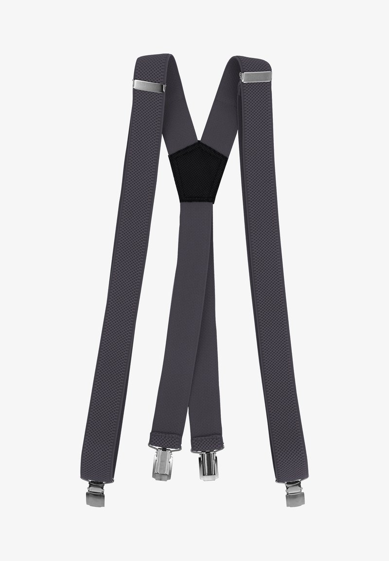 Graue elastische Hosenträger mit strukturierten Riemen und Metallclips, featuring ein schwarzes Mittelteil zur Verstärkung, im V-Format gestaltet.