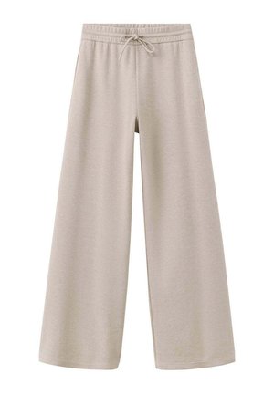 Beige weite Hose mit elastischem Bund und Kordelzug aus weichem Stoff, für den Freizeitgebrauch entworfen.