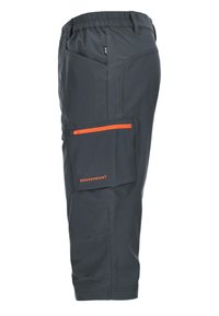 Pantalon cargo gris foncé avec taille élastique, poche latérale avec fermeture éclair orange et logo "Swedemount" en lettres orange.