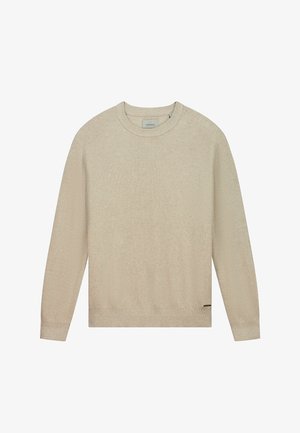 Bežinė megzta palaidinė su kanalų tekstūra, apvaliu iškirpimu, ilgomis rankovėmis ir subtiliu prekės ženklo detaliu prie apatinio krašto.