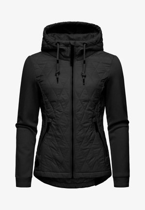 Black quilted jacket with a hood, featuring a contrasting soft fabric, zip closure, elastic cuffs, and drawstring accents. Two side pockets.