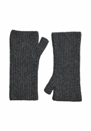 Pair of dark gray ribbed knit fingerless gloves with separate thumb openings, displayed flat on a white background.