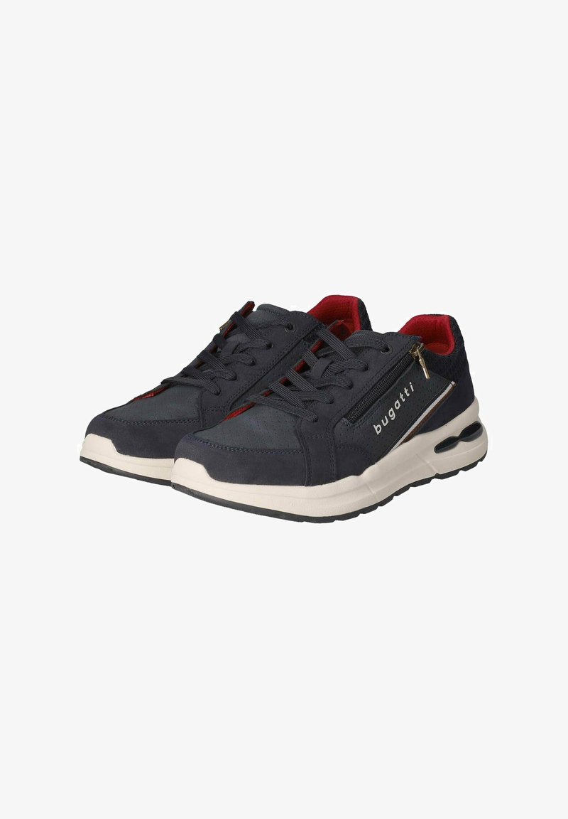 Navy sneakers with red accents, fabric and synthetic upper, lace closure, side zipper, and cushioned white midsole. Lightweight design.