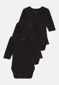 Tre lange svarte bodysuits med lange ermer laget av myk bomull, med rund hals og trykknapper nederst. Enkelt design.