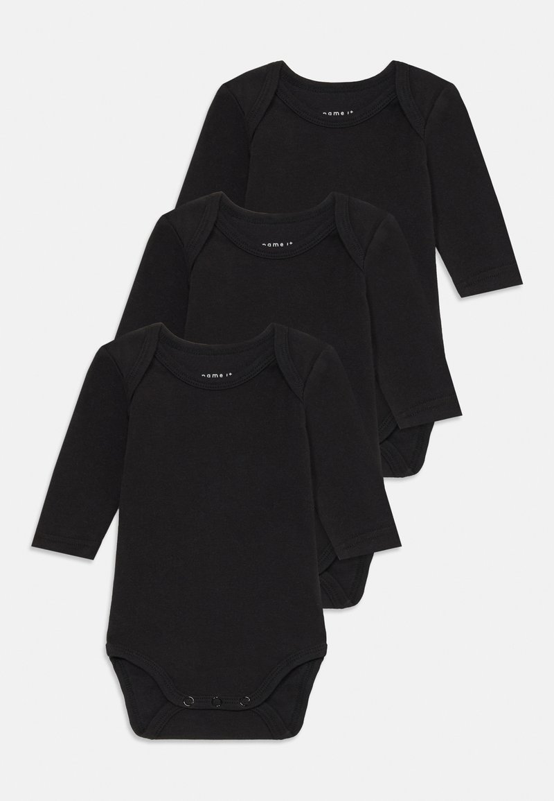 Tre lange svarte bodysuits med lange ermer laget av myk bomull, med rund hals og trykknapper nederst. Enkelt design.