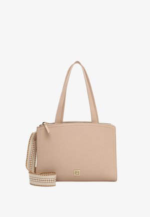 Bēša ādas soma ar diviem rokturiem un noņemamu austu siksnu. Ir aizvērtuve ar rāvējslēdzēju un smalks logotips priekšpusē.