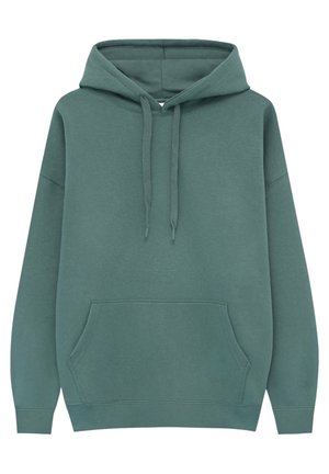 Unisex blød grøn hættetrøje med front kængurulomme og justerbar snøre i hætten, lange ærmer og ribbekanter ved ærmer og bund.