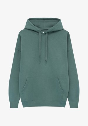 Unisex blød grøn hættetrøje med front kængurulomme og justerbar snøre i hætten, lange ærmer og ribbekanter ved ærmer og bund.