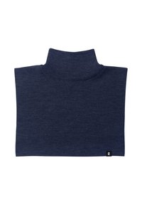 Granatowy sweter z golfem, o prążkowanej fakturze, dopasowany i o miękkim wykończeniu, z małą metką logo w dolnym rogu.