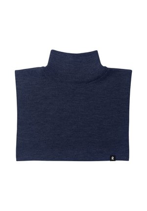 Maglione a collo alto blu navy, texture a costine, aderente con una finitura morbida, caratterizzato da un piccolo etichetta con logo nell'angolo inferiore.