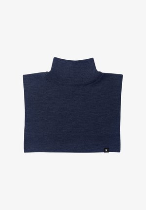 Maglione a collo alto blu navy, texture a costine, aderente con una finitura morbida, caratterizzato da un piccolo etichetta con logo nell'angolo inferiore.