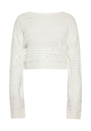 Hvid strikket cropped sweater med lange ærmer og et mønster af små huller og bølger gennem hele stoffet.