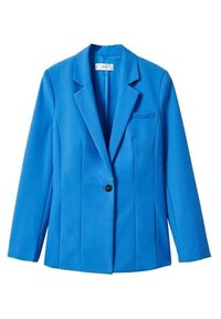 Blazer bleu en tissu lisse, doté d'un bouton noir unique, de revers crantés et de détails à fines rayures sur le devant.