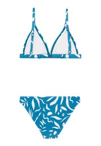 Set di bikini blu composto da un top triangolare con motivi a foglia bianchi e spalline regolabili, abbinato a un slip con un motivo simile.