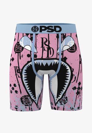 Boxer briefs rosa con design grafico raffigurante una grande bocca di squalo, accenti neri e fascia in vita blu. Realizzati in materiale morbido ed elastico.