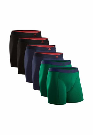 Vijf paren boxershorts in zwart, marineblauw en groen. Zachte stof met een gladde textuur en contrasterende rode of marineblauwe taillebandaccenten.