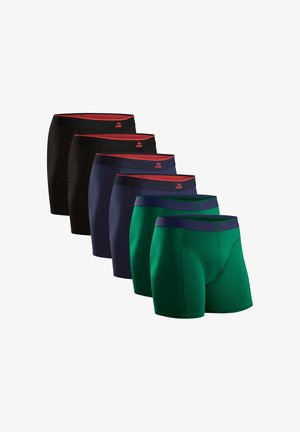 Cinque paia di boxer in nero, blu navy e verde. Tessuto morbido con una superficie liscia e dettagli a contrasto in rosso o blu navy sulla vita.