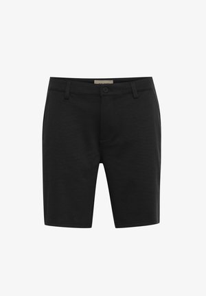Black shorts made of smooth fabric, featuring a front button closure, belt loops, and two side pockets. Classic knee-length design.