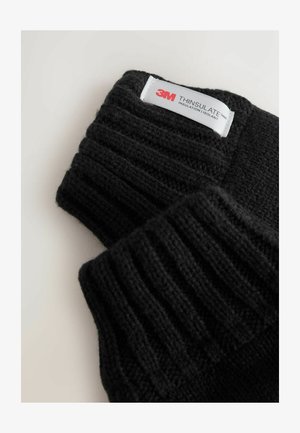 Schwarze gestrickte Handschuhe mit einem gerippten Bündchen, gefertigt mit Thinsulate-Isolierung, mit einem weißen Etikett, das das 3M-Logo zeigt.