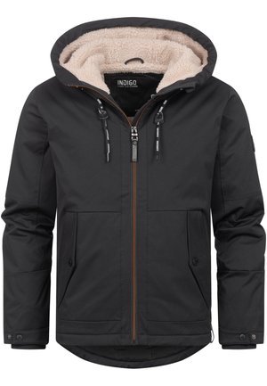 Black insulated jacket with a tan fleece-lined hood, front zip closure, two large pockets, and adjustable drawstrings.