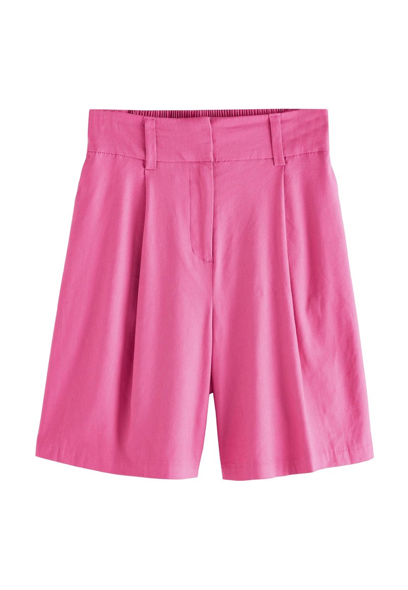 Rosa bomullsshorts med hög midja, veck fram och två sidofickor. Tyget har en slät textur och en skräddarsydd design.