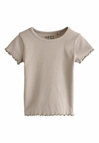Light beige ribbed short-sleeve t-shirt with a rounded neckline and scalloped edges on sleeves and hem, made of soft cotton fabric.