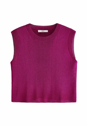 Top tricotat fără mâneci de culoare fucsia, cu guler rotund și textură ribbed. Prezintă o culoare uniformă și un design cu tiv drept. Eticheta mărcii este vizibilă.