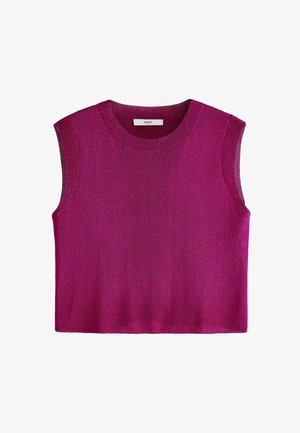 Fuksijas krāsas bezpiešu adīta blūze ar apaļu kakla izgriezumu un ribotu tekstūru. Iezīmēta ar vienkrāsainu dizainu un taisnu apakšmalu. Redzama zīmola etiķete.