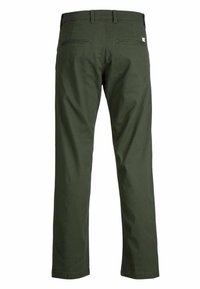 Dark green straight-leg trousers with belt loops and two back welt pockets, shown from the rear on a white background.