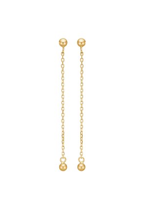 Paire de boucles d'oreilles goutte en chaîne d'or avec une petite boule d'or en tige en haut et une plus grande boule d'or au bas de chaque chaîne.