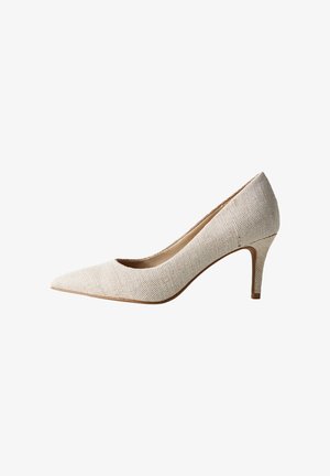 Beige pointed-toe high heel shoe with textured fabric upper and slender heel, shown from right side on white background.
