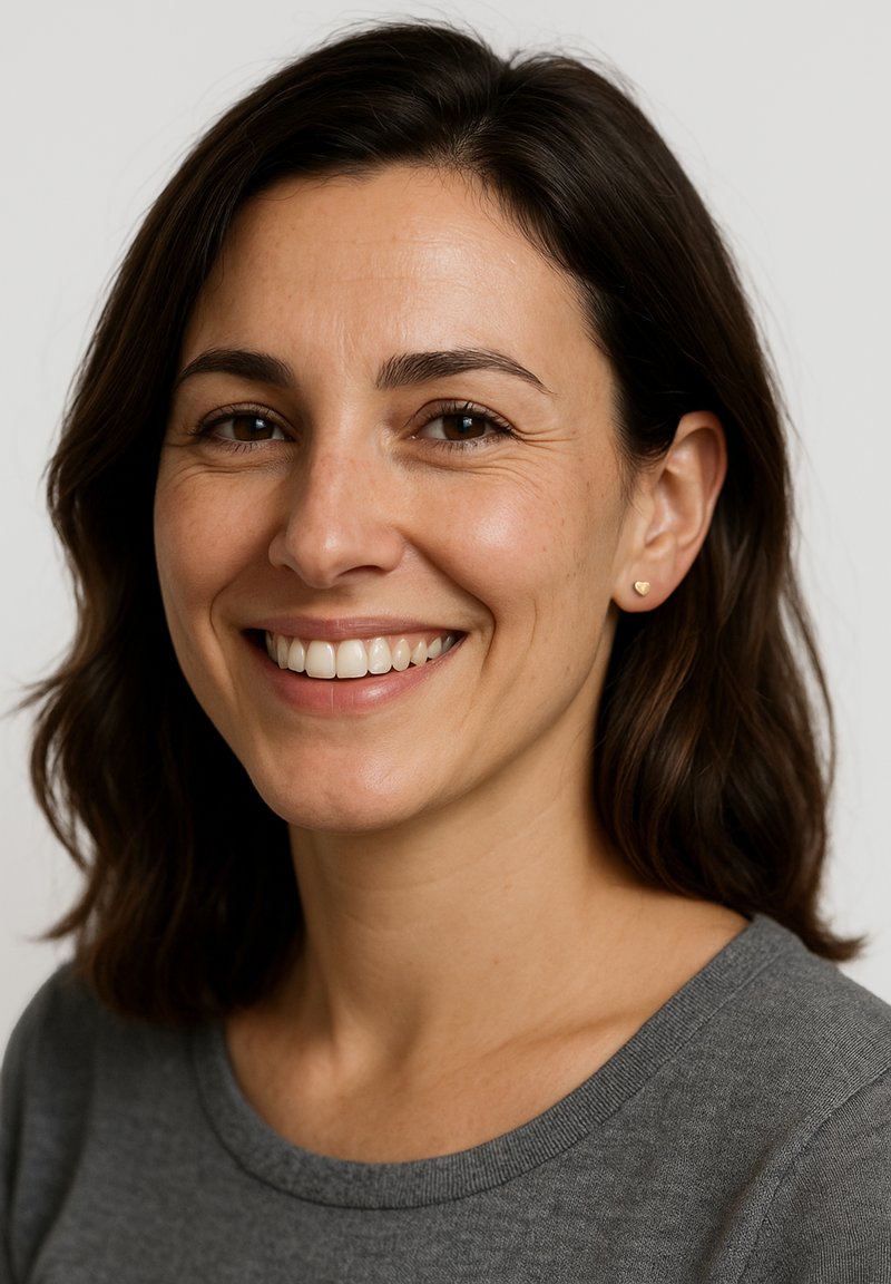 Donna con capelli castano medio e tonalità di pelle calda, che indossa un top grigio e orecchini a forma di cuore dorati, sorridendo su uno sfondo neutro.