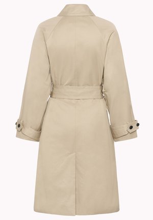 Trench-coat long beige avec ceinture à la taille, larges poignets avec boutons noirs et une fente au dos, vu de dos.