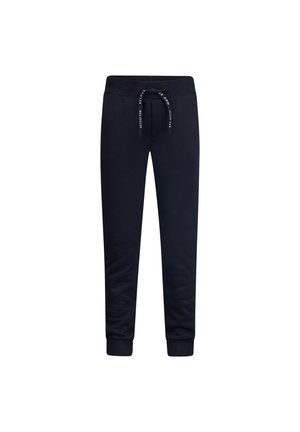 Marineblauwe joggingbroek van zachte stof, met een elastische tailleband met trekkoord, geribbelde boorden en zijzakken. Minimalistisch ontwerp.