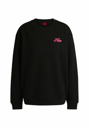 Felpa nera in misto cotone, con colletto a girocollo a costine, maniche lunghe e logo pink "Hugo" sul davanti. Design minimalista.