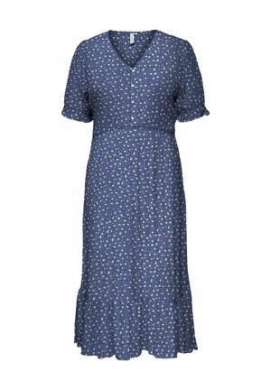 Mėlyna gėlių midi suknelė su trumpomis sukurtomis rankovėmis, V formos iškirptė, mygtukų priekyje, prigludusi juosmens linija ir banguota apatinė dalis. Pagaminta iš lengvos medžiagos.