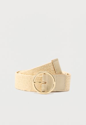 Curea bej țesută cu finisaj texturat, prevăzută cu o cataramă rotundă metalică aurie și o curea netedă din piele. Design casual.