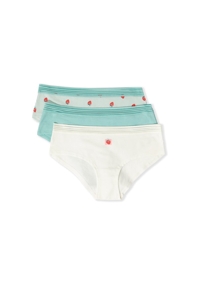 Trois culottes empilées, blanches avec un motif de fraises, bleu sarcelle uni, et rayées teal avec un petit motif de fraises.