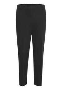 Pantalons noirs fuselés en tissu lisse et léger. Présente une taille élastique et des lignes épurées sans poches ni ornements.